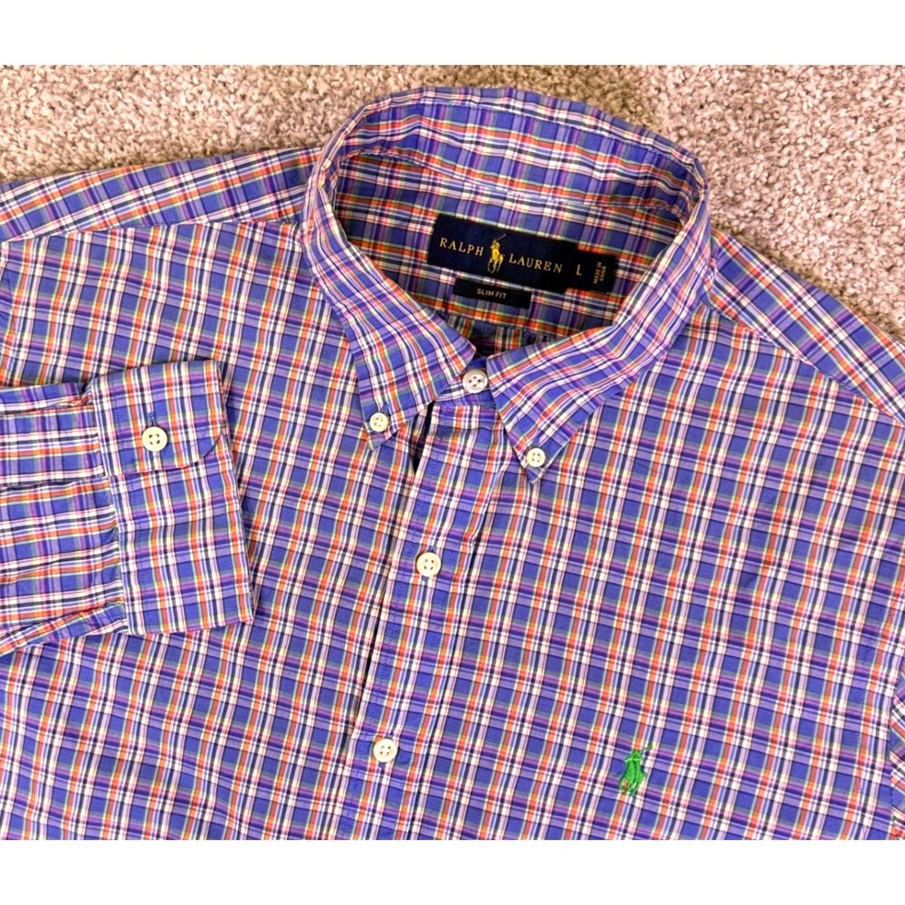 Ralph Lauren Button Down Shirt Men L Blue Plaid Slim Fit Cotton Casual Preppy